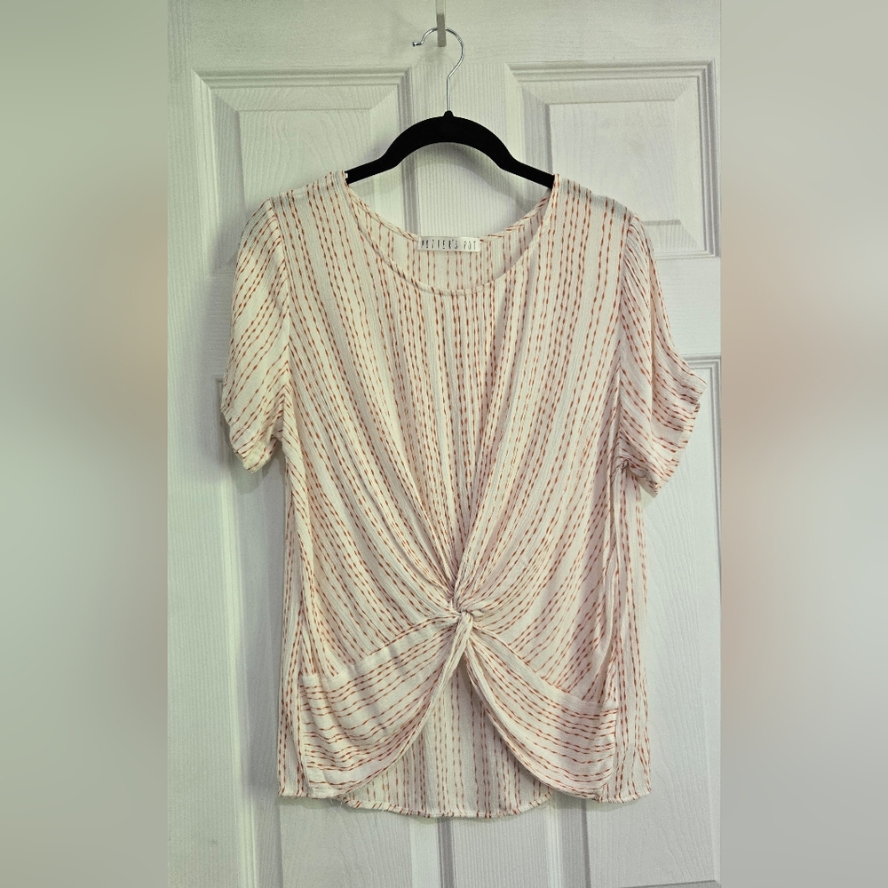 White & Red Striped Knot Front Top | Size S